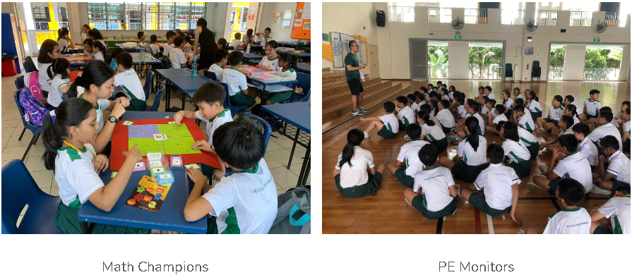 Students in white uniforms play math board games in a classroom; right photo shows students sitting on a gym floor facing a teacher.